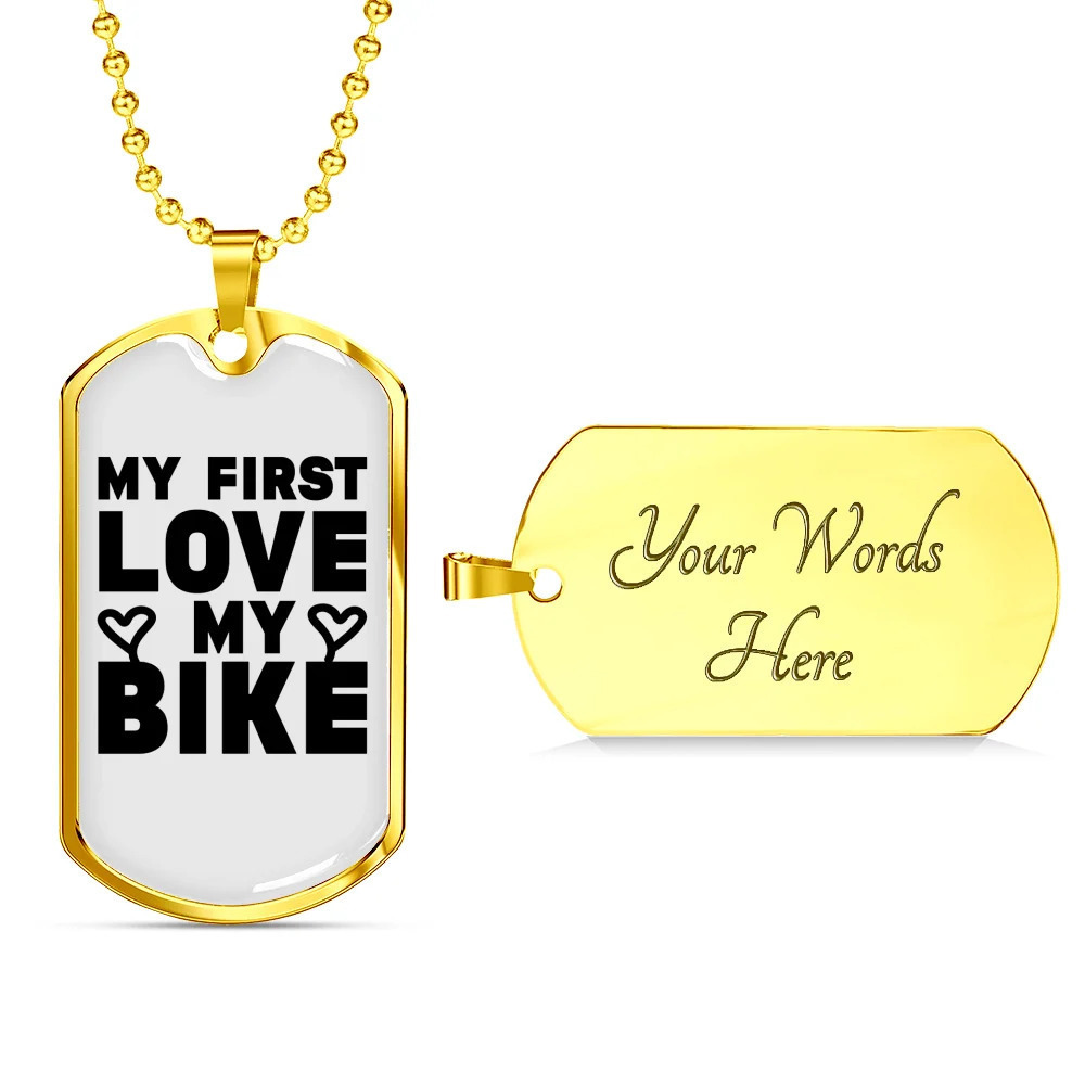 My First Love My Bike Biker Personalized Engraved Gold Dog Tag Necklace Custom